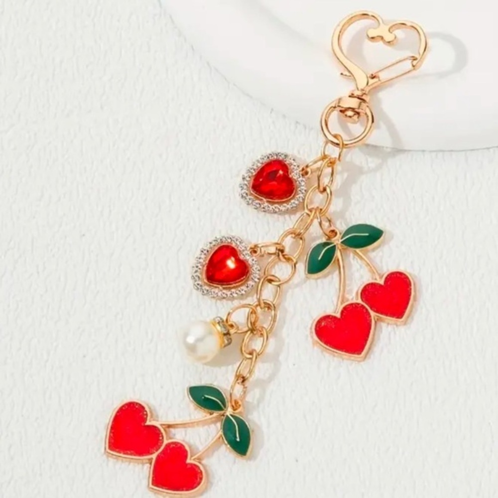 Gold Heart Cherry Dangle Bag Charm Keychain Purse Accessory NWT
